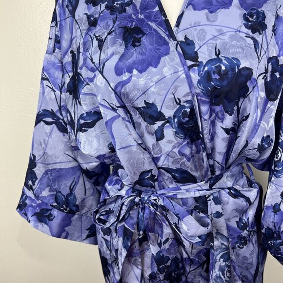LA Intimates Robe Women Medium Blue Purple Floral Satin Belted Kimono Sleepwear - Picture 9 of 13